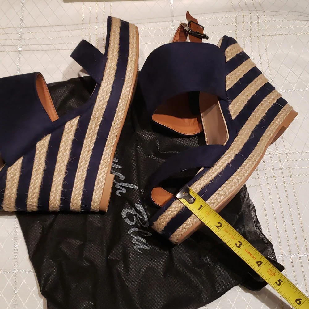 French Blu NEW Wedge Espadrille Platform Sandal NIB Navy Tan Women's 40